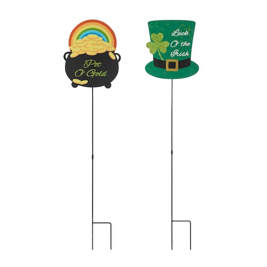 Glitzhome® St. Patrick's Pot of Gold & Leprechaun Hat Metal Yard Stake Set